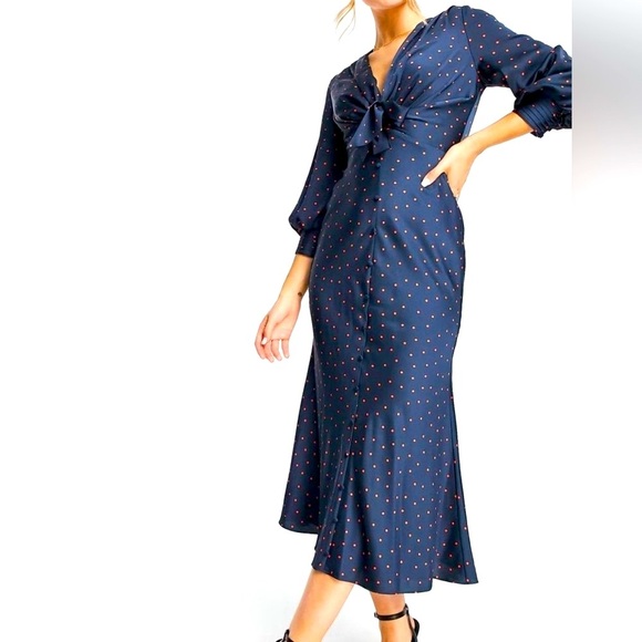ASOS polka dot Womens 8 Satin Tie Front Midi Dress Button Detail Navy - Picture 2 of 11